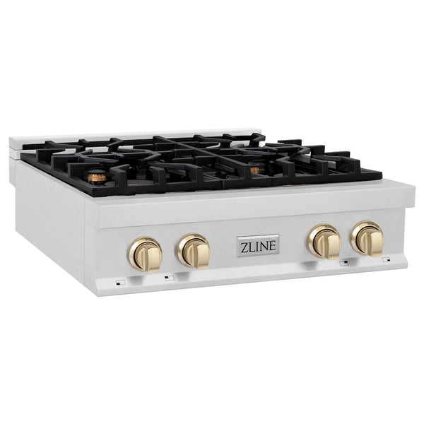 ZLINE Autograph Edition 30 in. Legacy Gas Rangetop with 4 Burners and Porcelain Cooktop in Satin Stainless Steel with Polished Gold Accents, Open Box-Good Condition