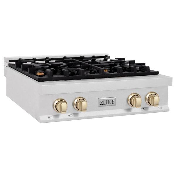 ZLINE Autograph Edition 30 in. Legacy Gas Rangetop with 4 Burners and Porcelain Cooktop in Satin Stainless Steel with Polished Gold Accents, Open Box-Great Condition