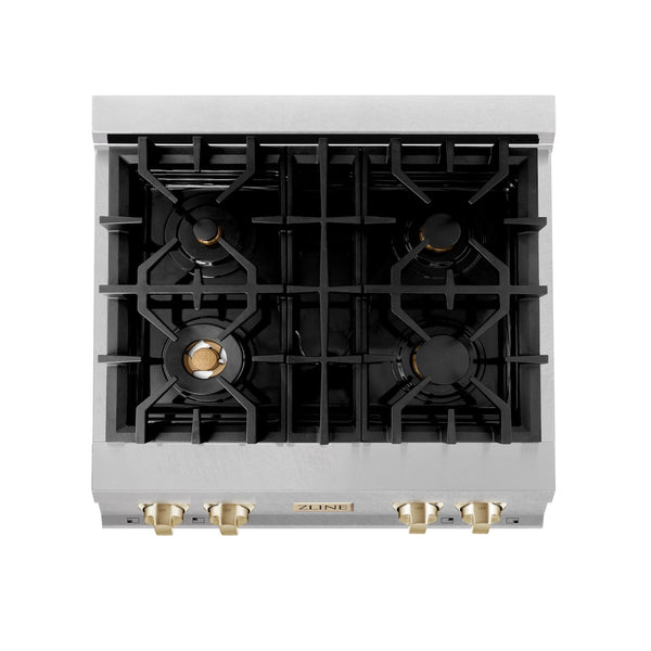 ZLINE Autograph Edition 30 in. Legacy Gas Rangetop with 4 Burners and Porcelain Cooktop in Satin Stainless Steel with Polished Gold Accents, Open Box-Great Condition