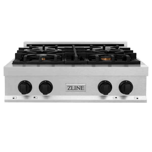 ZLINE Autograph Edition 30 in. Legacy Gas Rangetop with 4 Burners and Porcelain Cooktop in Satin Stainless Steel with Matte Black Accents, Open Box-Great Condition