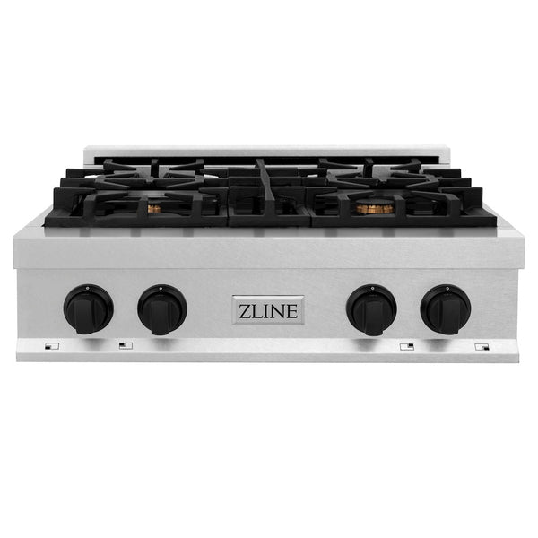 ZLINE Autograph Edition 30 in. Legacy Gas Rangetop with 4 Burners and Porcelain Cooktop in Satin Stainless Steel with Matte Black Accents, Open Box-Good Condition