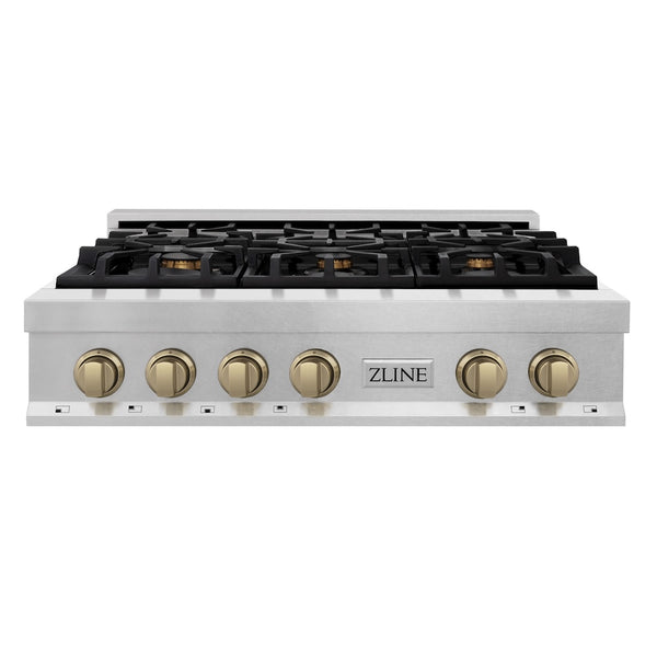 ZLINE Autograph Edition 36 in. Legacy Gas Rangetop with 6 Burners and Porcelain Cooktop in Satin Stainless Steel with Champagne Bronze Accents, Open Box-Great Condition