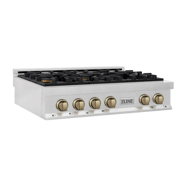 ZLINE Autograph Edition 36 in. Legacy Gas Rangetop with 6 Burners and Porcelain Cooktop in Satin Stainless Steel with Champagne Bronze Accents (RTSZ-36-CB)