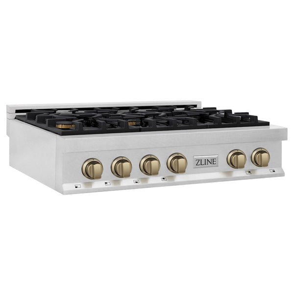 ZLINE Autograph Edition 36 in. Legacy Gas Rangetop with 6 Burners and Porcelain Cooktop in Satin Stainless Steel with Champagne Bronze Accents, Open Box-Great Condition