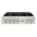 ZLINE Autograph Edition 36 in. Legacy Gas Rangetop with 6 Burners and Porcelain Cooktop in Satin Stainless Steel with Polished Gold Accents, Open Box-Great Condition