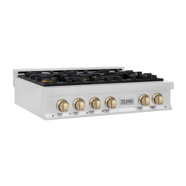 ZLINE Autograph Edition 36 in. Legacy Gas Rangetop with 6 Burners and Porcelain Cooktop in Satin Stainless Steel with Polished Gold Accents, Open Box-Great Condition