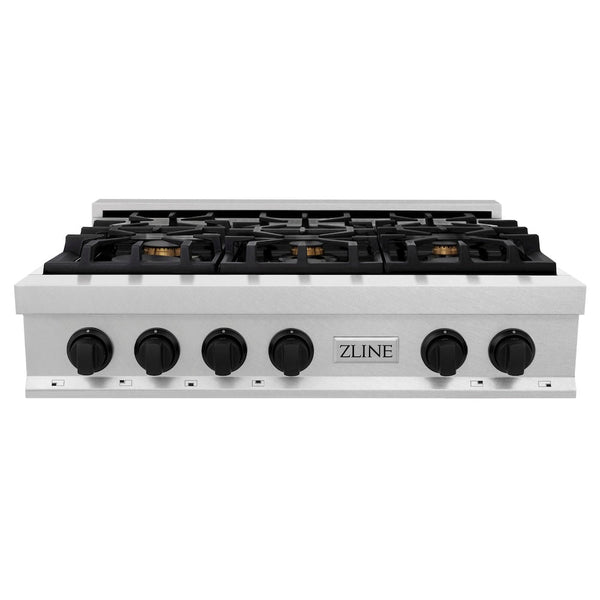 ZLINE Autograph Edition 36 in. Legacy Gas Rangetop with 6 Burners and Porcelain Cooktop in Satin Stainless Steel with Matte Black Accents, Open Box-Good Condition