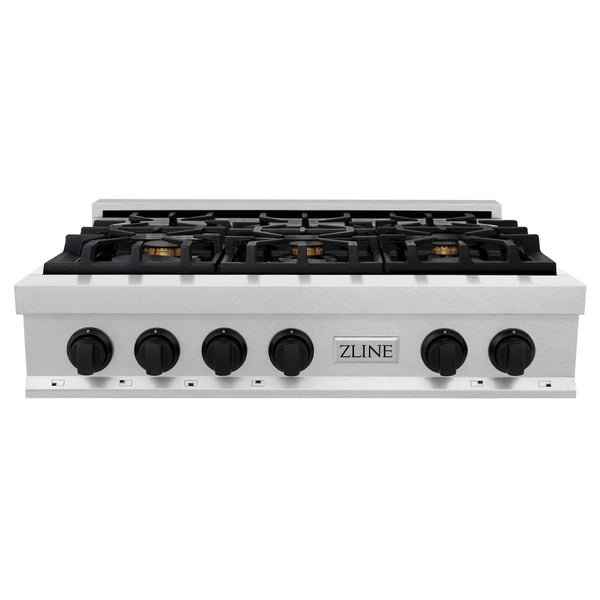 ZLINE Autograph Edition 36 in. Legacy Gas Rangetop with 6 Burners and Porcelain Cooktop in Satin Stainless Steel with Matte Black Accents, Open Box-Great Condition
