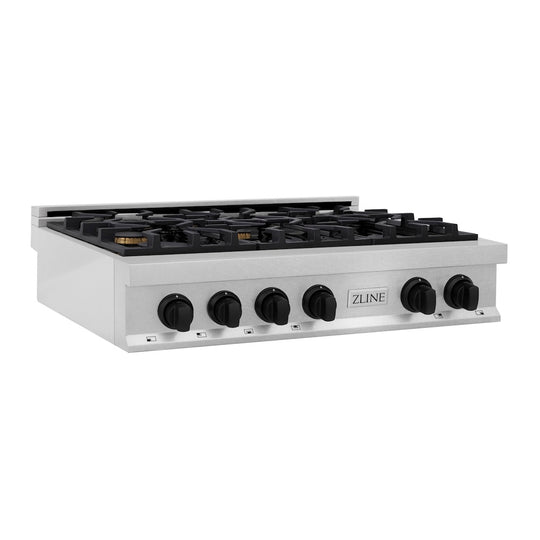 ZLINE Autograph Edition 36 in. Legacy Gas Rangetop with 6 Burners and Porcelain Cooktop in Satin Stainless Steel with Matte Black Accents, Open Box-Great Condition