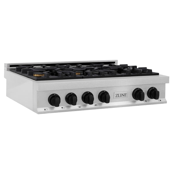 ZLINE Autograph Edition 36 in. Legacy Gas Rangetop with 6 Burners and Porcelain Cooktop in Satin Stainless Steel with Matte Black Accents, Open Box-Great Condition