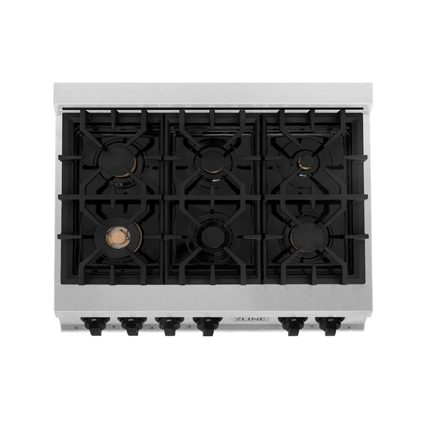 ZLINE Autograph Edition 36 in. Legacy Gas Rangetop with 6 Burners and Porcelain Cooktop in Satin Stainless Steel with Matte Black Accents, Open Box-Great Condition