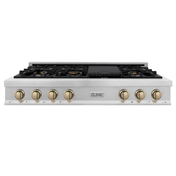 ZLINE Autograph Edition 48 in. Legacy Gas Rangetop with 7 Burners and Porcelain Cooktop in Satin Stainless Steel with Champagne Bronze Accents, Open Box-Great Condition
