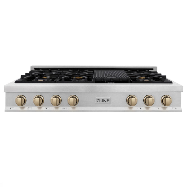 ZLINE Autograph Edition 48 in. Legacy Gas Rangetop with 7 Burners and Porcelain Cooktop in Satin Stainless Steel with Champagne Bronze Accents, Open Box-Good Condition