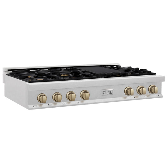 ZLINE Autograph Edition 48 in. Legacy Gas Rangetop with 7 Burners and Porcelain Cooktop in Satin Stainless Steel with Champagne Bronze Accents, Open Box-Great Condition