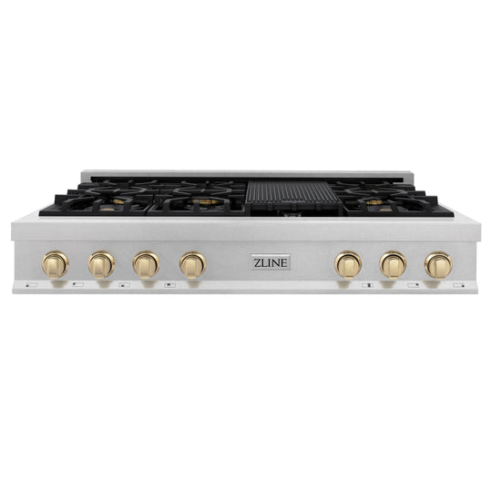 ZLINE Autograph Edition 48 in. Legacy Gas Rangetop with 7 Burners and Porcelain Cooktop in Satin Stainless Steel with Polished Gold Accents (RTSZ-48-G)