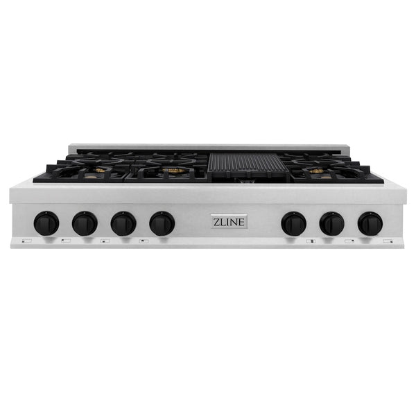 ZLINE Autograph Edition 48 in. Legacy Gas Rangetop with 7 Burners and Porcelain Cooktop in Satin Stainless Steel with Matte Black Accents, Open Box-Great Condition