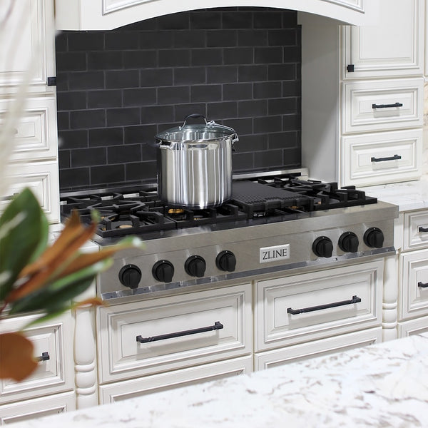 ZLINE Autograph Edition 48 in. Legacy Gas Rangetop with 7 Burners and Porcelain Cooktop in Satin Stainless Steel with Matte Black Accents, Open Box-Great Condition