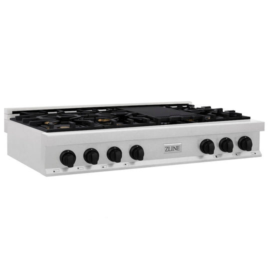 ZLINE Autograph Edition 48 in. Legacy Gas Rangetop with 7 Burners and Porcelain Cooktop in Satin Stainless Steel with Matte Black Accents, Open Box-Good Condition