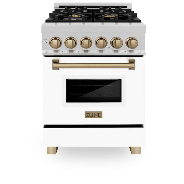 ZLINE Autograph Edition 24 in. 2.8 cu. ft. Legacy Dual Fuel Range with 4 Burner Gas Cooktop and Electric Convection Oven in Satin Stainless Steel with White Matte Door and Champagne Bronze Accents, Open Box-Great Condition