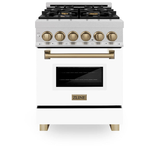 ZLINE Autograph Edition 24 in. 2.8 cu. ft. Legacy Dual Fuel Range with 4 Burner Gas Cooktop and Electric Convection Oven in Satin Stainless Steel with White Matte Door and Champagne Bronze Accents, Open Box-Good Condition