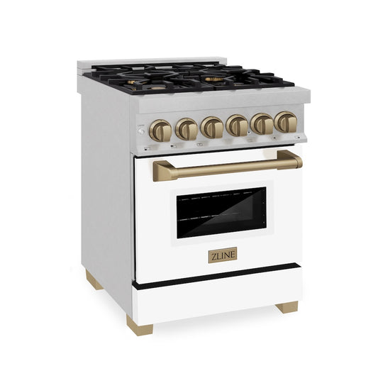 ZLINE Autograph Edition 24 in. 2.8 cu. ft. Legacy Dual Fuel Range with 4 Burner Gas Cooktop and Electric Convection Oven in Satin Stainless Steel with White Matte Door and Champagne Bronze Accents, Open Box-Great Condition