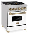 ZLINE Autograph Edition 24 in. 2.8 cu. ft. Legacy Dual Fuel Range with 4 Burner Gas Cooktop and Electric Convection Oven in Satin Stainless Steel with White Matte Door and Champagne Bronze Accents, Open Box-Great Condition