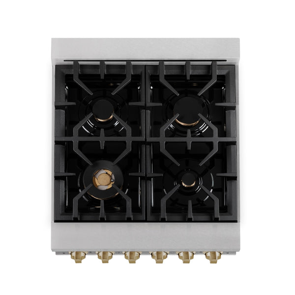 ZLINE Autograph Edition 24 in. 2.8 cu. ft. Legacy Dual Fuel Range with 4 Burner Gas Cooktop and Electric Convection Oven in Satin Stainless Steel with White Matte Door and Champagne Bronze Accents, Open Box-Great Condition