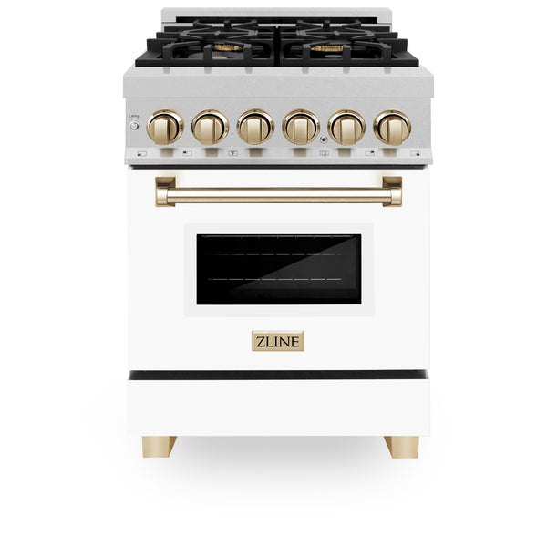 ZLINE Autograph Edition 24 in. 2.8 cu. ft. Legacy Dual Fuel Range with 4 Burner Gas Cooktop and Electric Convection Oven in Satin Stainless Steel with White Matte Door and Polished Gold Accents (RASZ-WM-24-G)