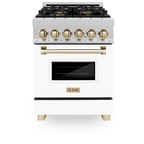 ZLINE Autograph Edition 24 in. 2.8 cu. ft. Legacy Dual Fuel Range with 4 Burner Gas Cooktop and Electric Convection Oven in Satin Stainless Steel with White Matte Door and Polished Gold Accents, Open Box-Good Condition