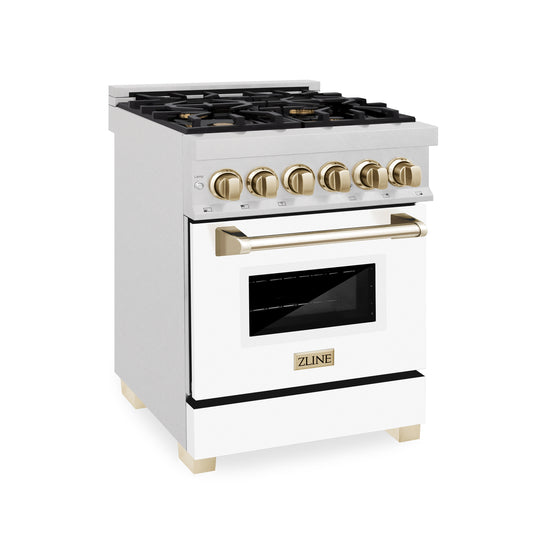 ZLINE Autograph Edition 24 in. 2.8 cu. ft. Legacy Dual Fuel Range with 4 Burner Gas Cooktop and Electric Convection Oven in Satin Stainless Steel with White Matte Door and Polished Gold Accents (RASZ-WM-24-G)