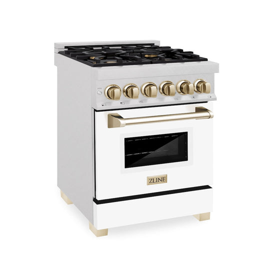 ZLINE Autograph Edition 24 in. 2.8 cu. ft. Legacy Dual Fuel Range with 4 Burner Gas Cooktop and Electric Convection Oven in Satin Stainless Steel with White Matte Door and Polished Gold Accents, Open Box-Good Condition