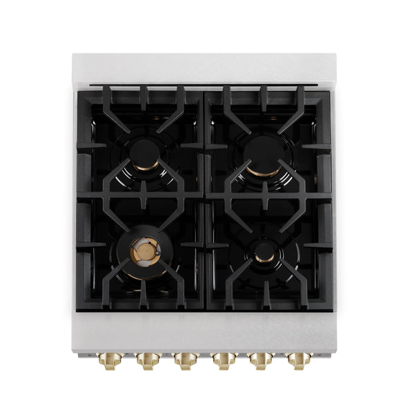 ZLINE Autograph Edition 24 in. 2.8 cu. ft. Legacy Dual Fuel Range with 4 Burner Gas Cooktop and Electric Convection Oven in Satin Stainless Steel with White Matte Door and Polished Gold Accents (RASZ-WM-24-G)