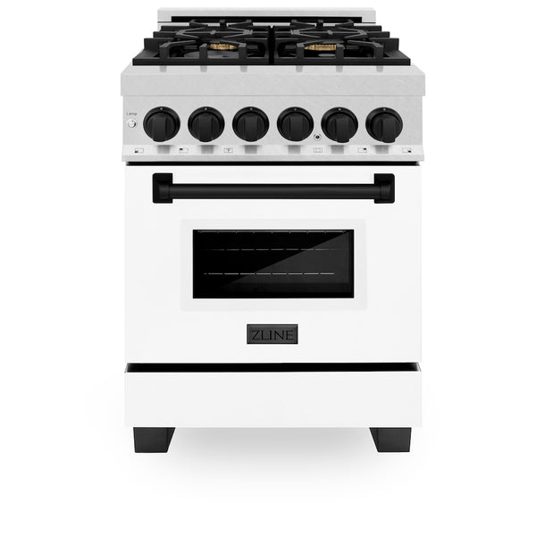 ZLINE Autograph Edition 24 in. 2.8 cu. ft. Legacy Dual Fuel Range with 4 Burner Gas Cooktop and Electric Convection Oven in Satin Stainless Steel with White Matte Door and Matte Black Accents, Open Box-Great Condition