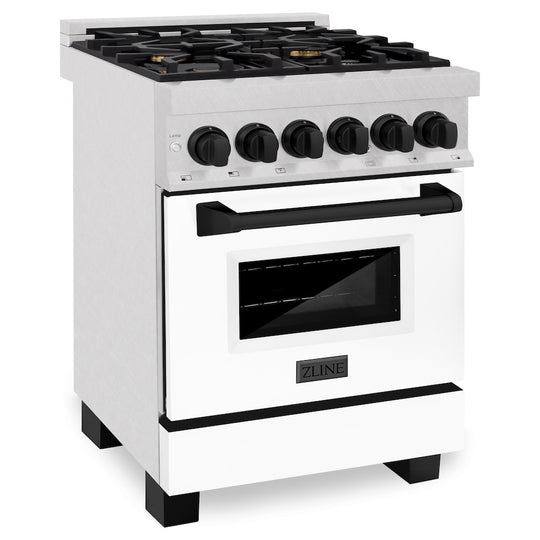 ZLINE Autograph Edition 24 in. 2.8 cu. ft. Legacy Dual Fuel Range with 4 Burner Gas Cooktop and Electric Convection Oven in Satin Stainless Steel with White Matte Door and Matte Black Accents, Open Box-Great Condition