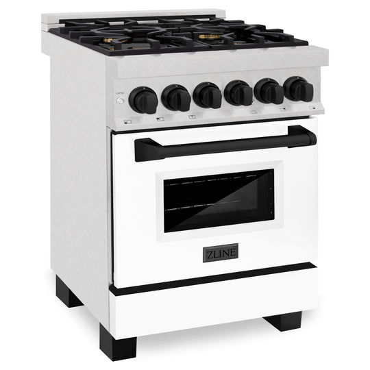 ZLINE Autograph Edition 24 in. 2.8 cu. ft. Legacy Dual Fuel Range with 4 Burner Gas Cooktop and Electric Convection Oven in Satin Stainless Steel with White Matte Door and Matte Black Accents (RASZ-WM-24-MB)