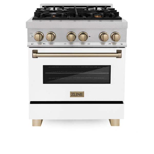 ZLINE Autograph Edition 30 in. 4.0 cu. ft. Legacy Dual Fuel Range with 4 Burner Gas Cooktop and Electric Convection Oven in Satin Stainless Steel with White Matte Door and Champagne Bronze Accents, Open Box-Good Condition