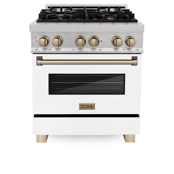 ZLINE Autograph Edition 30 in. 4.0 cu. ft. Legacy Dual Fuel Range with 4 Burner Gas Cooktop and Electric Convection Oven in Satin Stainless Steel with White Matte Door and Champagne Bronze Accents, Open Box-Great Condition