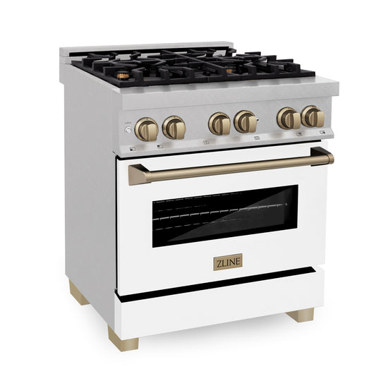 ZLINE Autograph Edition 30 in. 4.0 cu. ft. Legacy Dual Fuel Range with 4 Burner Gas Cooktop and Electric Convection Oven in Satin Stainless Steel with White Matte Door and Champagne Bronze Accents (RASZ-WM-30-CB)