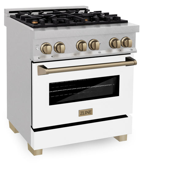 ZLINE Autograph Edition 30 in. 4.0 cu. ft. Legacy Dual Fuel Range with 4 Burner Gas Cooktop and Electric Convection Oven in Satin Stainless Steel with White Matte Door and Champagne Bronze Accents (RASZ-WM-30-CB)