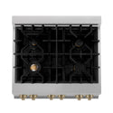ZLINE Autograph Edition 30 in. 4.0 cu. ft. Legacy Dual Fuel Range with 4 Burner Gas Cooktop and Electric Convection Oven in Satin Stainless Steel with White Matte Door and Champagne Bronze Accents, Open Box-Great Condition