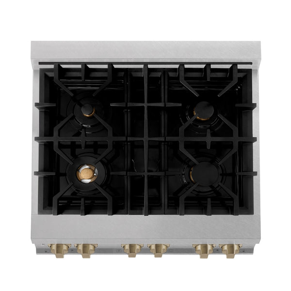 ZLINE Autograph Edition 30 in. 4.0 cu. ft. Legacy Dual Fuel Range with 4 Burner Gas Cooktop and Electric Convection Oven in Satin Stainless Steel with White Matte Door and Champagne Bronze Accents, Open Box-Great Condition