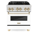 ZLINE Autograph Edition 30 in. 4.0 cu. ft. Legacy Dual Fuel Range with 4 Burner Gas Cooktop and Electric Convection Oven in Satin Stainless Steel with White Matte Door and Polished Gold Accents (RASZ-WM-30-G)