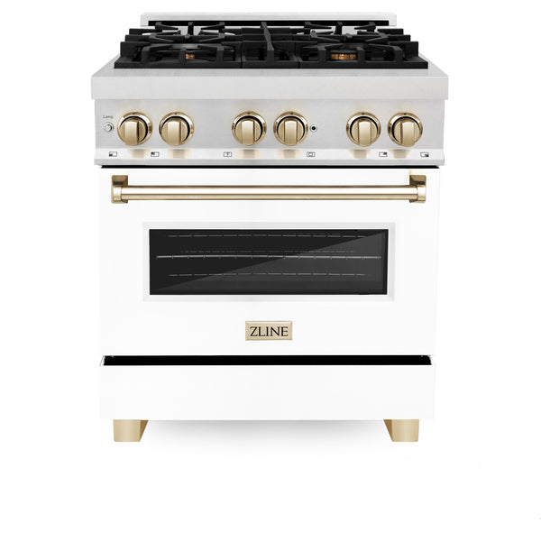 ZLINE Autograph Edition 30 in. 4.0 cu. ft. Legacy Dual Fuel Range with 4 Burner Gas Cooktop and Electric Convection Oven in Satin Stainless Steel with White Matte Door and Polished Gold Accents (RASZ-WM-30-G)