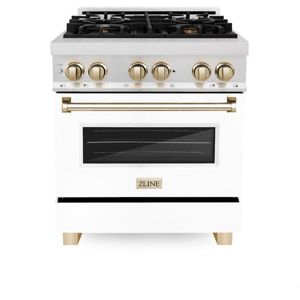 ZLINE Autograph Edition 30 in. 4.0 cu. ft. Legacy Dual Fuel Range with 4 Burner Gas Cooktop and Electric Convection Oven in Satin Stainless Steel with White Matte Door and Polished Gold Accents, Open Box-Great Condition