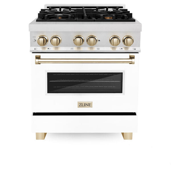ZLINE Autograph Edition 30 in. 4.0 cu. ft. Legacy Dual Fuel Range with 4 Burner Gas Cooktop and Electric Convection Oven in Satin Stainless Steel with White Matte Door and Polished Gold Accents, Open Box-Good Condition