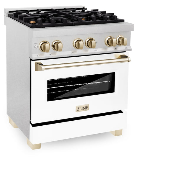 ZLINE Autograph Edition 30 in. 4.0 cu. ft. Legacy Dual Fuel Range with 4 Burner Gas Cooktop and Electric Convection Oven in Satin Stainless Steel with White Matte Door and Polished Gold Accents, Open Box-Great Condition