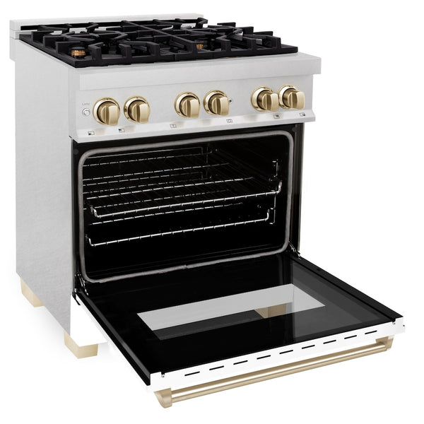 ZLINE Autograph Edition 30 in. 4.0 cu. ft. Legacy Dual Fuel Range with 4 Burner Gas Cooktop and Electric Convection Oven in Satin Stainless Steel with White Matte Door and Polished Gold Accents, Open Box-Great Condition