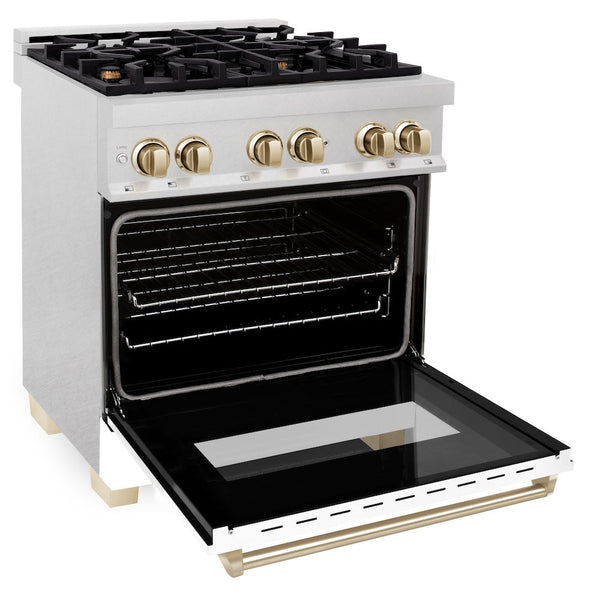 ZLINE Autograph Edition 30 in. 4.0 cu. ft. Legacy Dual Fuel Range with 4 Burner Gas Cooktop and Electric Convection Oven in Satin Stainless Steel with White Matte Door and Polished Gold Accents, Open Box-Good Condition