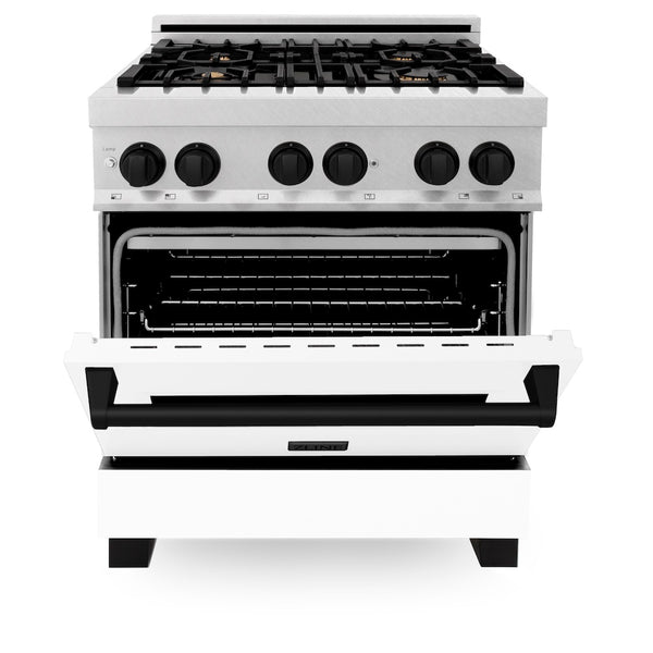 ZLINE Autograph Edition 30 in. 4.0 cu. ft. Legacy Dual Fuel Range with 4 Burner Gas Cooktop and Electric Convection Oven in Satin Stainless Steel with White Matte Door and Matte Black Accents, Open Box-Great Condition