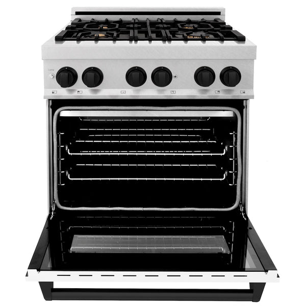 ZLINE Autograph Edition 30 in. 4.0 cu. ft. Legacy Dual Fuel Range with 4 Burner Gas Cooktop and Electric Convection Oven in Satin Stainless Steel with White Matte Door and Matte Black Accents, Open Box-Great Condition